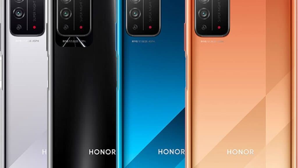 Honor X10 5G smartphone in Fiery/Burnt Orange color, shown alongside silver, black, and blue variants