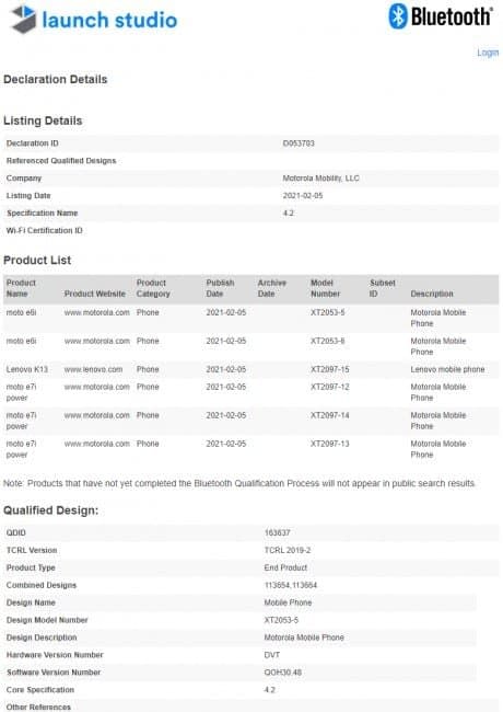 Motorola Moto E6i, E7i Power, Lenovo K13 Gets Bluetooth SIG-certified-Techweu