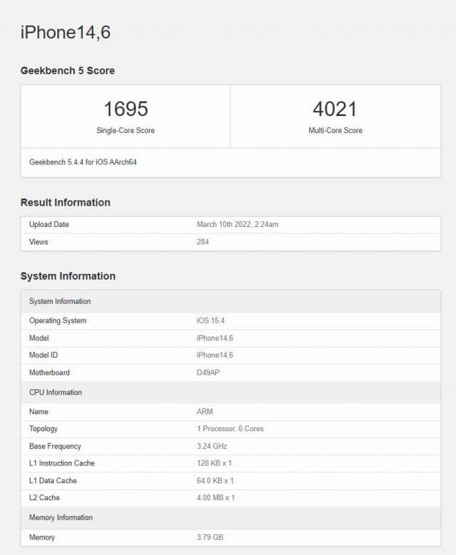 Geekbench confirms iPhone SE (2022) packs 4GB RAM
-Techweu