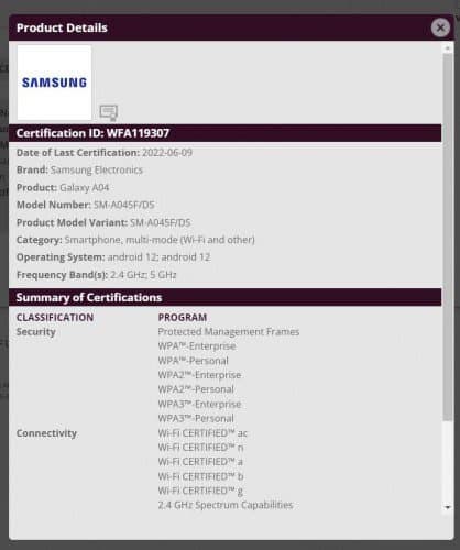 Samsung Galaxy A04 spotted on Wi-Fi Alliance
-Techweu