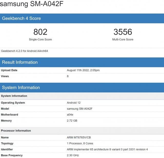 Samsung Galaxy A04 Core appears on Geekbench with key specs
-Techweu