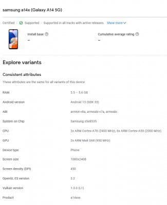 Samsung Galaxy A14 5G appears on Google Play Console with Exynos 1330 details
-Techweu