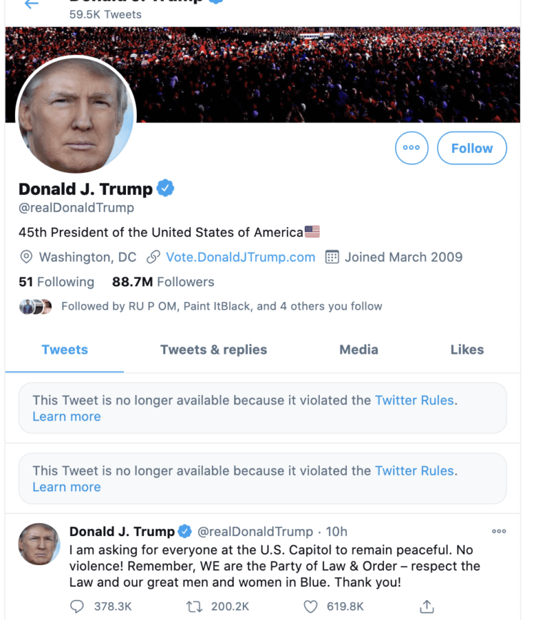 Donald Trump's Twitter account has been suspended if tweets not removed might face permanent ban