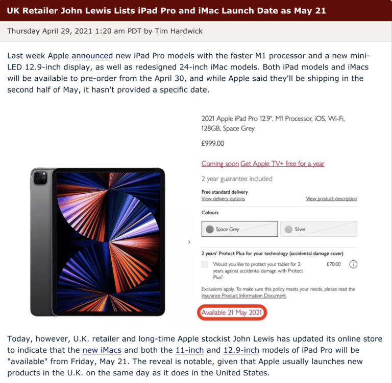 iMac with the new iPad Pro and M1 will be available on May 21st hints a British retailer-Techweu