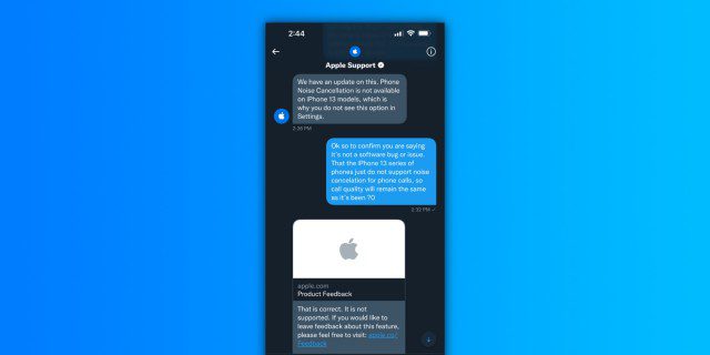 Apple support chat confirms no noise cancellation on iPhone 13 series (via: 9to5Mac)