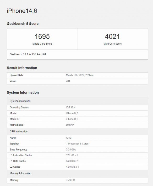 Geekbench confirms iPhone SE (2022) packs 4GB RAM
-Techweu
