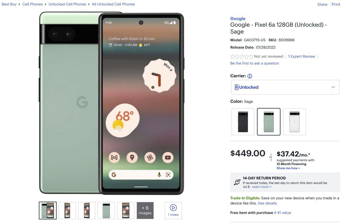 Google Pixel 6a listed on Best Buy's website ahead of release